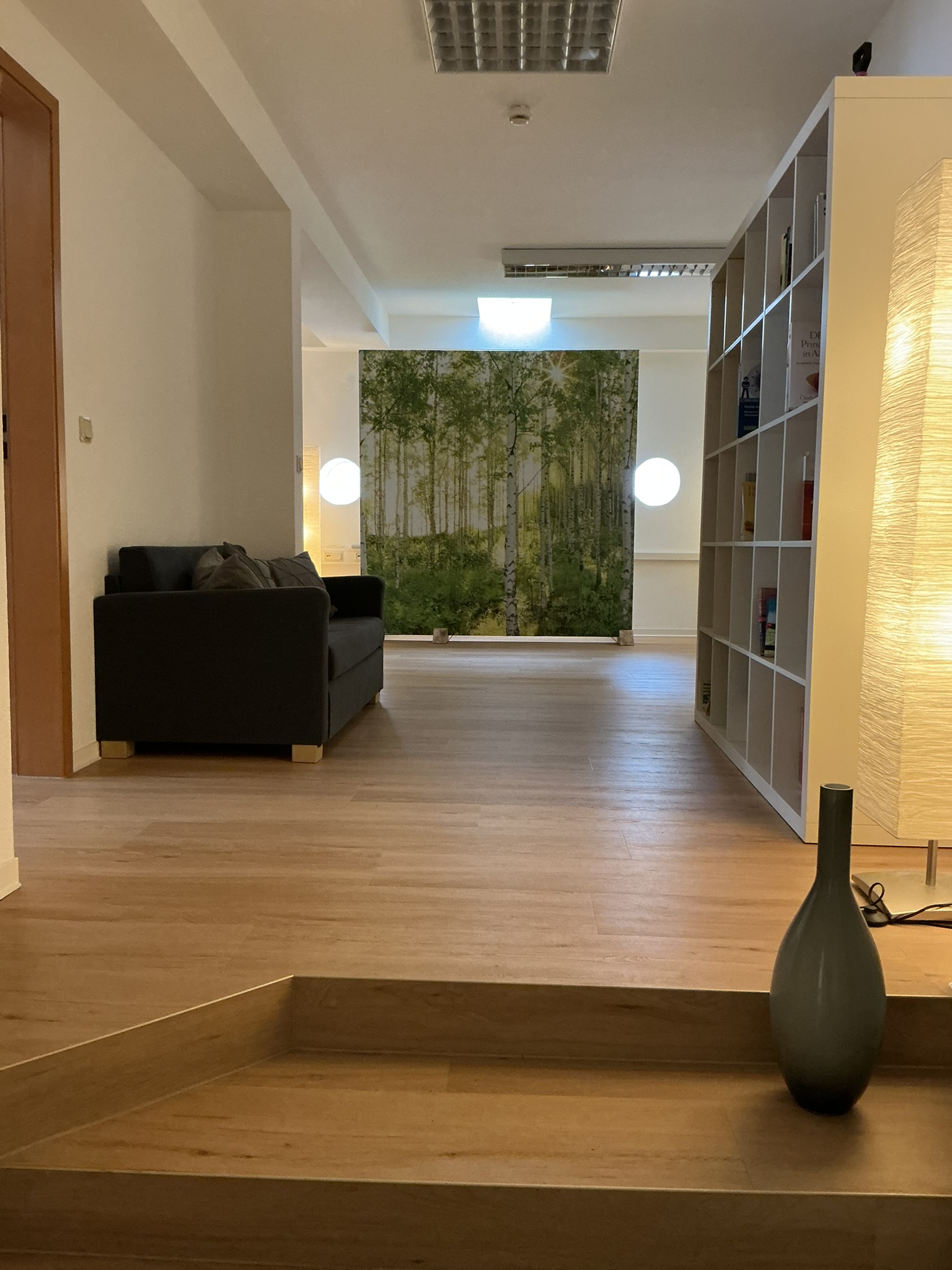 Schöner Praxisraum mit großer Pflanze in Braun und Beigetönen